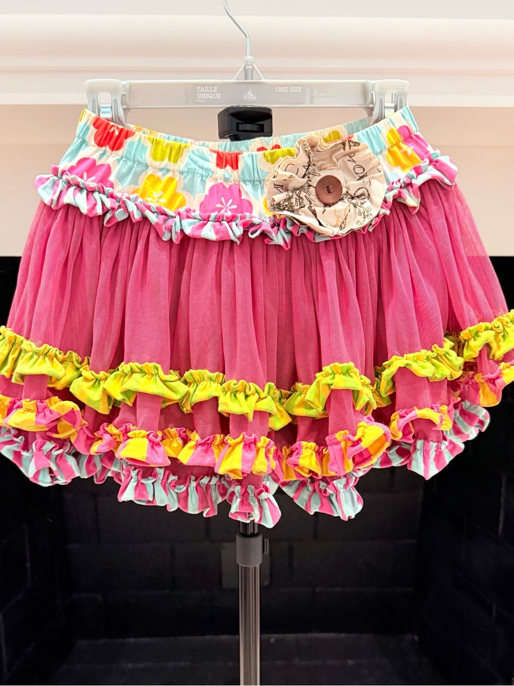 Mustard Pie Pink Tulle Ruffled Skirt with Yellow & Aqua Accents
